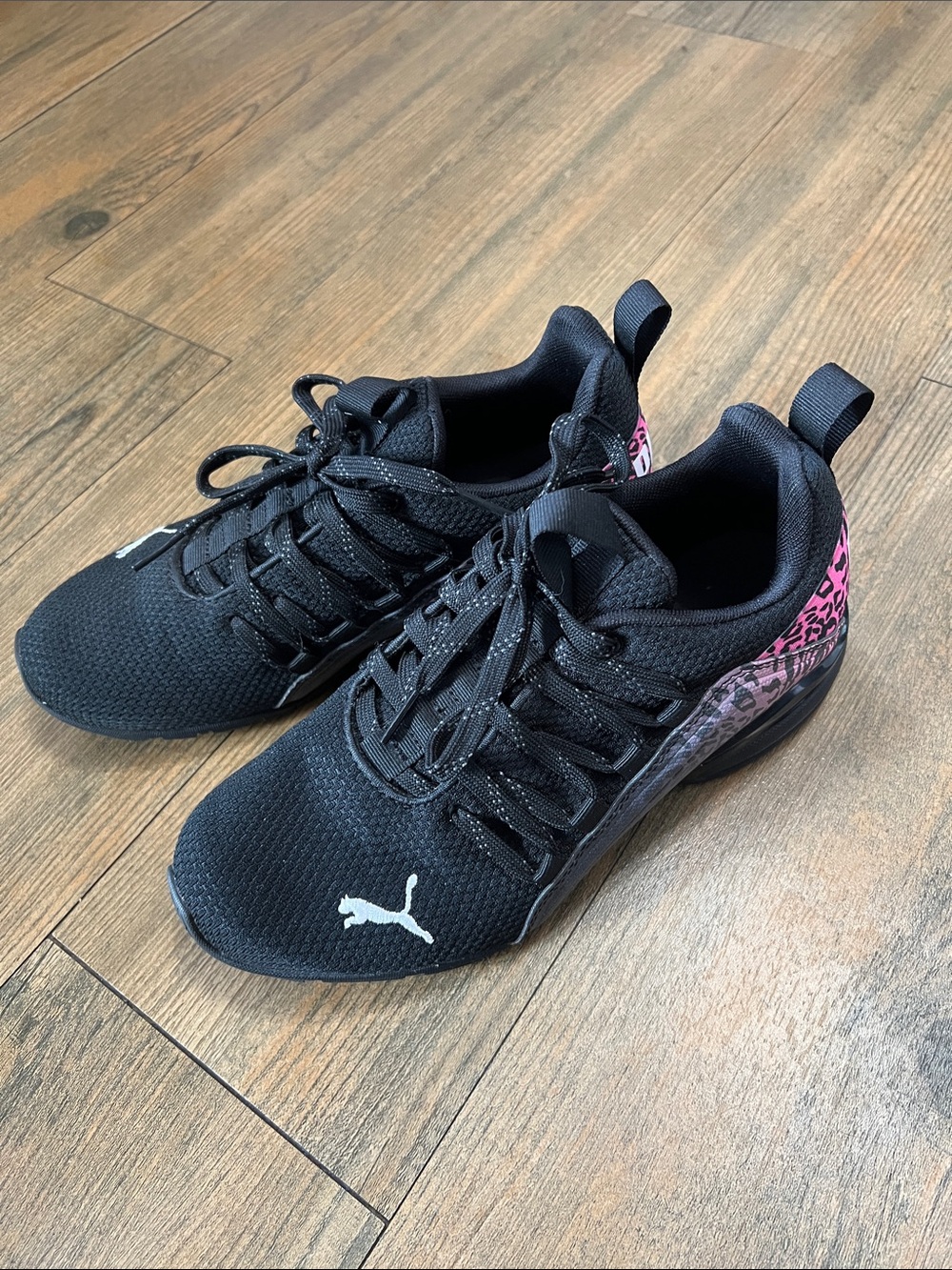 Puma Black Athletic Sneakers with Pink Leopard Heel Detail